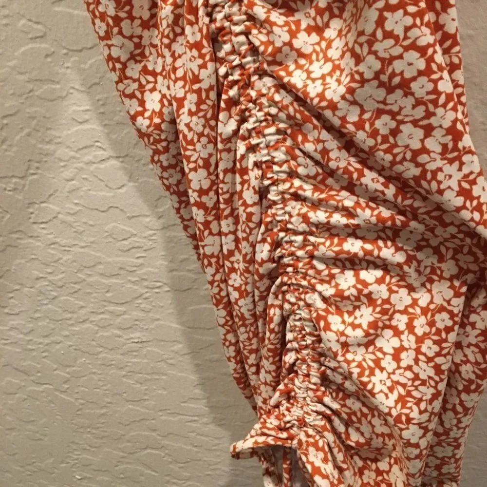 Flower Power Red Orange Floral Midi Rouched Dress - Picture 5 of 8